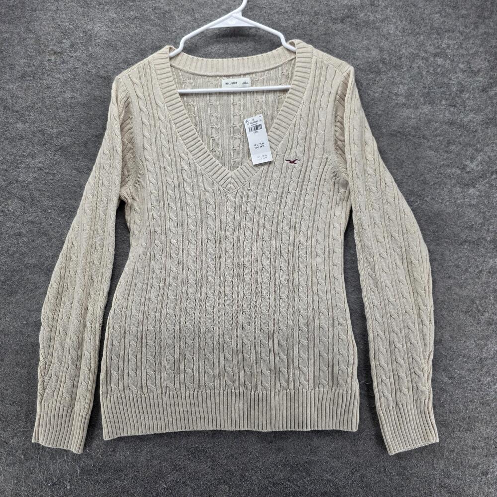 Hollister Sweater Pullover Womens L Beige Cable-Knit V-Neck Logo Slim Fit